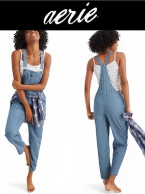 AERIE RAILROAD STRIPE OVERALLS CHAMBRAY DENIM BIB JUMPSUIT RELAX FIT BLUE WHITE